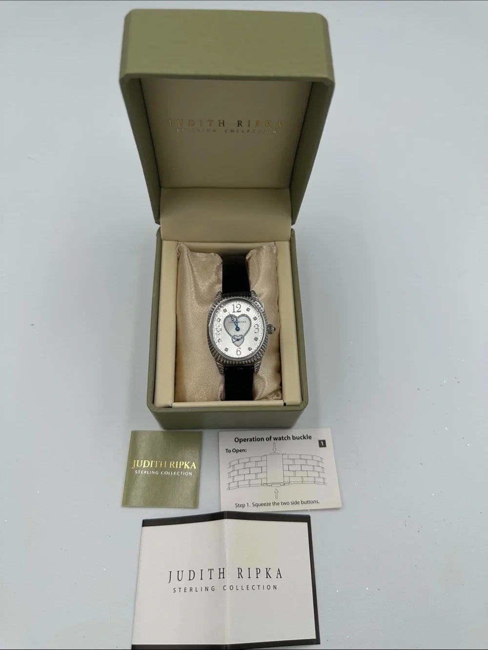 New Judith Ripka 925 Sterling Silver Leather Diamond Heart Women’s Watch W/Box